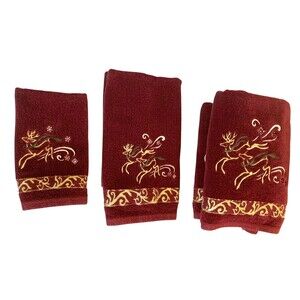6PC Towel Set Embroidered Reindeer w/Gold Trim 2 Bath 2 Hand 2 Facecloth